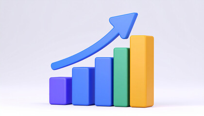 3 D bar graph with blue arrow showing upward trend on white background bar chart data
