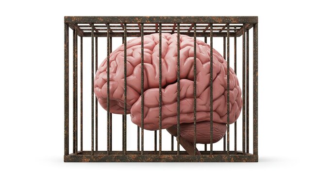 A brain is enclosed in a rusty worn metal cage set against a white background