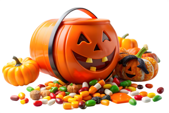 A grinning jackolantern bucket overflows with colorful halloween candy, surrounded by small pumpkins and treats, isolated on white isolated on transparent background