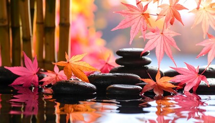Autumn zen scene with stones and leaves