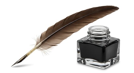 A brown feather quill pen lays next to a clear square inkwell filled with black ink on a white background