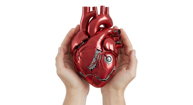 A chrome red mechanical heart is cupped in two lightskinned hands against a white backdrop