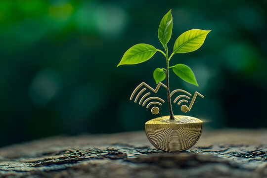 Office atrium containing artificial oxygen-producing trees functioning as biological WiFi antennas merging environmental benefits with technology
