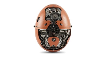 A coppercolored egg sliced open to reveal intricate gears and springs set against a white backdrop