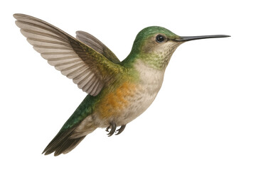 Iridescent hummingbird hovering, wings spread wide, displaying brilliant plumage against pristine white backdrop