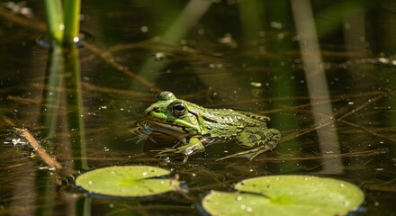 Fototapeta premium A green frog sits in still water surrounded by lily pads and reeds in a natural setting