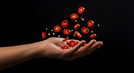 A hand catches falling red chili slices with seeds against a dark background