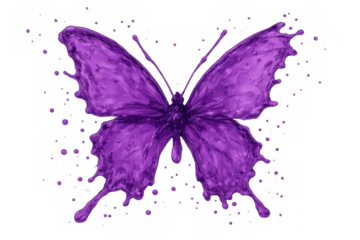 Purple liquid butterfly splashing against transparent background, representing fluid nature design with fantasy-inspired abstract aesthetic