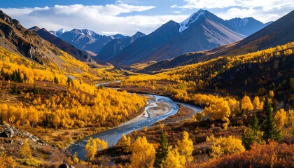 Golden Autumn Valley River Meanders Through Majestic Mountains with Alaska.