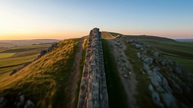 Hadrian's Wall at Sunset - A breathtaking view of Hadrian's Wall in northern England at sunset. The ancient stone wall snakes across a rolling green landscape, bathed in the warm golden light of the