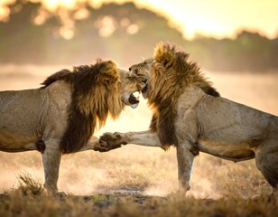 Two lions face-to-face at sunrise