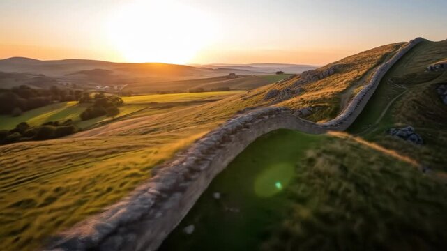 Hadrian's Wall at Sunset - A stunning view of Hadrian's Wall in England at sunset. The ancient stone wall snakes across a rolling green hilltop, overlooking a vast and picturesque landscape.
