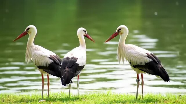 Three storks by lake.