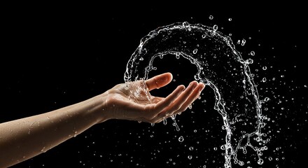 A hand with water splashing in an arc against a black background