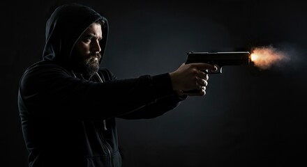 A hooded man with a beard fires a pistol visible muzzle flash against a dark backdrop