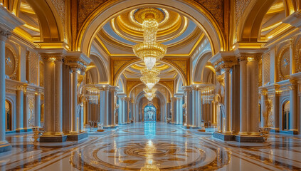 Obraz premium A luxurious and spacious hotel lobby with massive crystal chandeliers, gleaming polished marble floors, ornate architectural details, and plush velvet seating in a richly decorated interior.