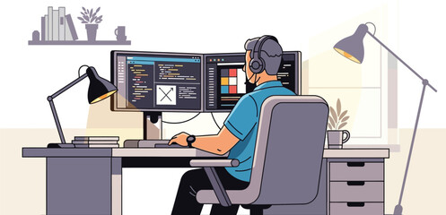 Programmer coding on dual monitors at desk home office illustration style
