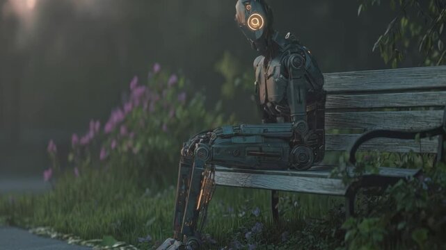 A lonely robot sits on a park bench at dawn