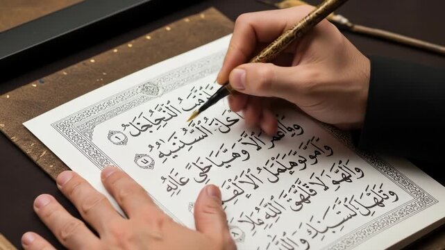 Hands Calligraphing Arabic Script - Close-up view of hands carefully writing Arabic calligraphy with a calligraphy pen onto a page. The page features an ornate border and clear, elegant script.