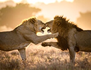 Two lions face off in golden light