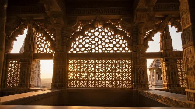 Golden Hour at the Ranakpur Temple - Intricate stone carvings frame a sunlit window within the Ranakpur Jain Temple in Rajasthan, India.