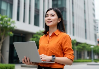 Young businesswoman working on laptop outdoors office space
