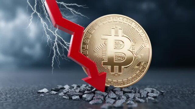 Financial illustration of Bitcoin with a red arrow pointing downward, representing market downturn and price drops.