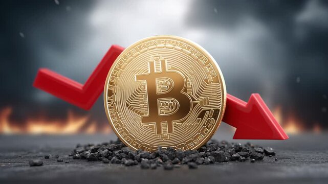 Financial illustration of Bitcoin with a red arrow pointing downward, representing market downturn and price drops.