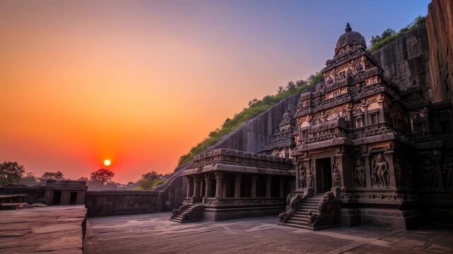 Sunset at Ancient Indian Cave Temple - A stunning view of an ancient Indian cave temple carved into a hillside, bathed in the warm glow of a setting sun.