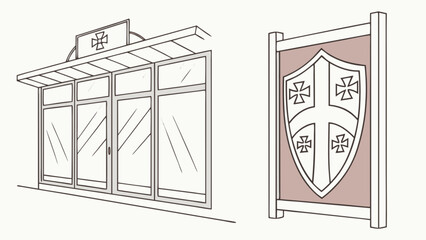 Drawing of a building with a shield logo and cross design for architecture and design inspiration ideas