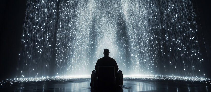 A man sits on a chair in the middle of a dark, pitch-black room, with very little lighting.