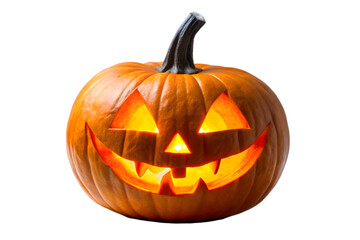 Obraz premium A classic orange jackolantern with a carved scary face and glowing light inside, isolated on a transparent background