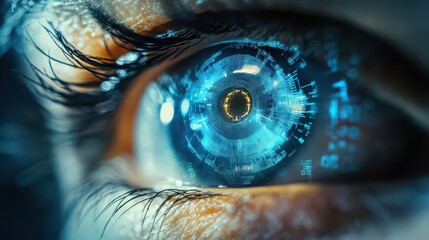 Close up of a human eye with digital technology overlay showing futuristic vision concept design art