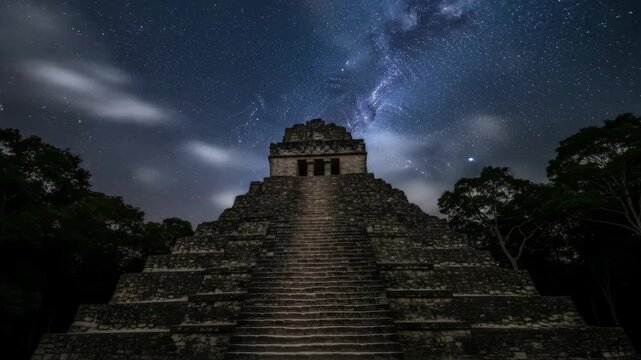 Mayan Pyramid Under Starry Night Sky - A majestic Mayan pyramid stands silhouetted against a breathtaking night sky filled with stars and clouds.