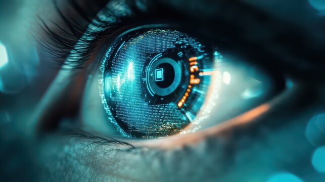A close up of an eye with a digital display overlay showing futuristic technology and data patterns - Powered by Adobe