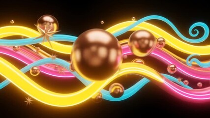 Vibrant glowing ribbon waves with gold spheres on dark background. Seamless looping HD time-lapse animation video background - Powered by Adobe