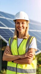 Woman in safety gear, solar panel background