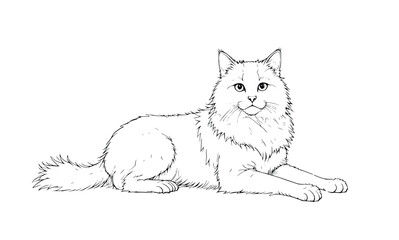 Fluffy Cat Line Art – Relaxed Pet Drawing in Black and White