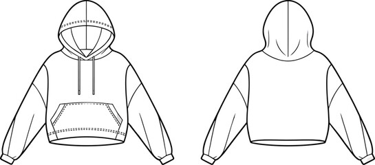 Cropped hoodie flat sketch, CAD fashion technical drawing, vector template for sweatshirt design, hoodie flat drawing illustration, stylish pullover