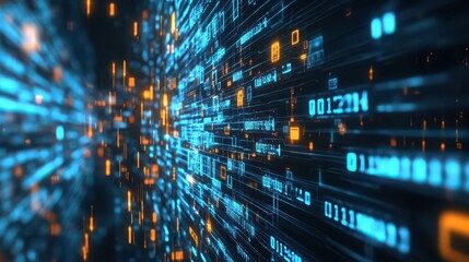 Abstract digital background with binary code and glowing elements in blue and orange tones