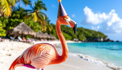 Pink flamingo in party hat on beach