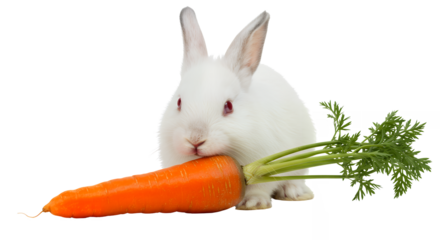 Cute White Rabbit Resting on Orange Carrot on Transparent Background