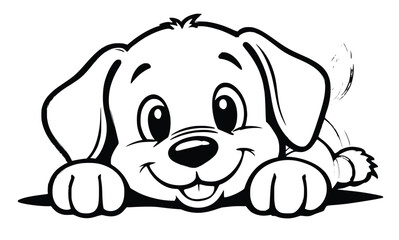 Playful Minimal Line Drawing of Happy Puppy Peeking – Cute Black Outline Dog Illustration on White Background