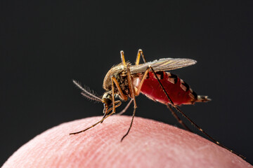 Dangerous Zika Infected Mosquito on Dark Background. Leishmaniasis, Encephalitis, Yellow Fever, Dengue, Malaria Disease, Mayaro or Zika Virus Infectious Culex Mosquito Parasite Insect Macro.