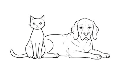 Minimalist Line Drawing of Cat and Dog Together – Clean Vector Pet Illustration