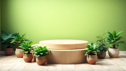 Fototapeta premium Minimalist stage with lush green plants and wood podium on light floor