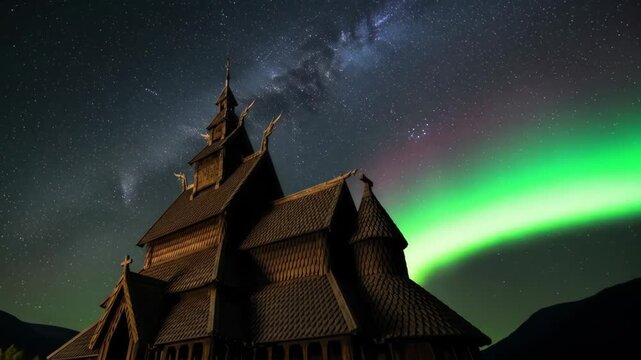 Ancient Wooden Church Under Starry Night Sky with Aurora - A low-angle view of a historic wooden church stands silhouetted against a breathtaking night sky filled with stars, the Milky Way, and a