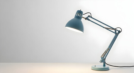 Modern adjustable desk lamp with a sleek blue finish illuminating a clean workspace ideal for study or office environment with minimalistic design and functional lighting