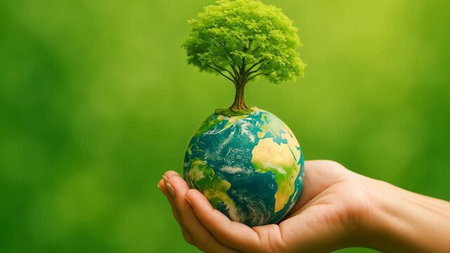 Green hydrogen infrastructure. Green tree growing globe held hand symbolizing environment care and nature protection with vibrant green earth background