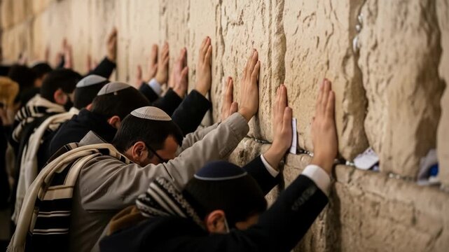 Jewish Pilgrims Praying at Western Wall - A group of Jewish men stand at the Western Wall in Jerusalem, their hands touching the ancient stones as they pray.